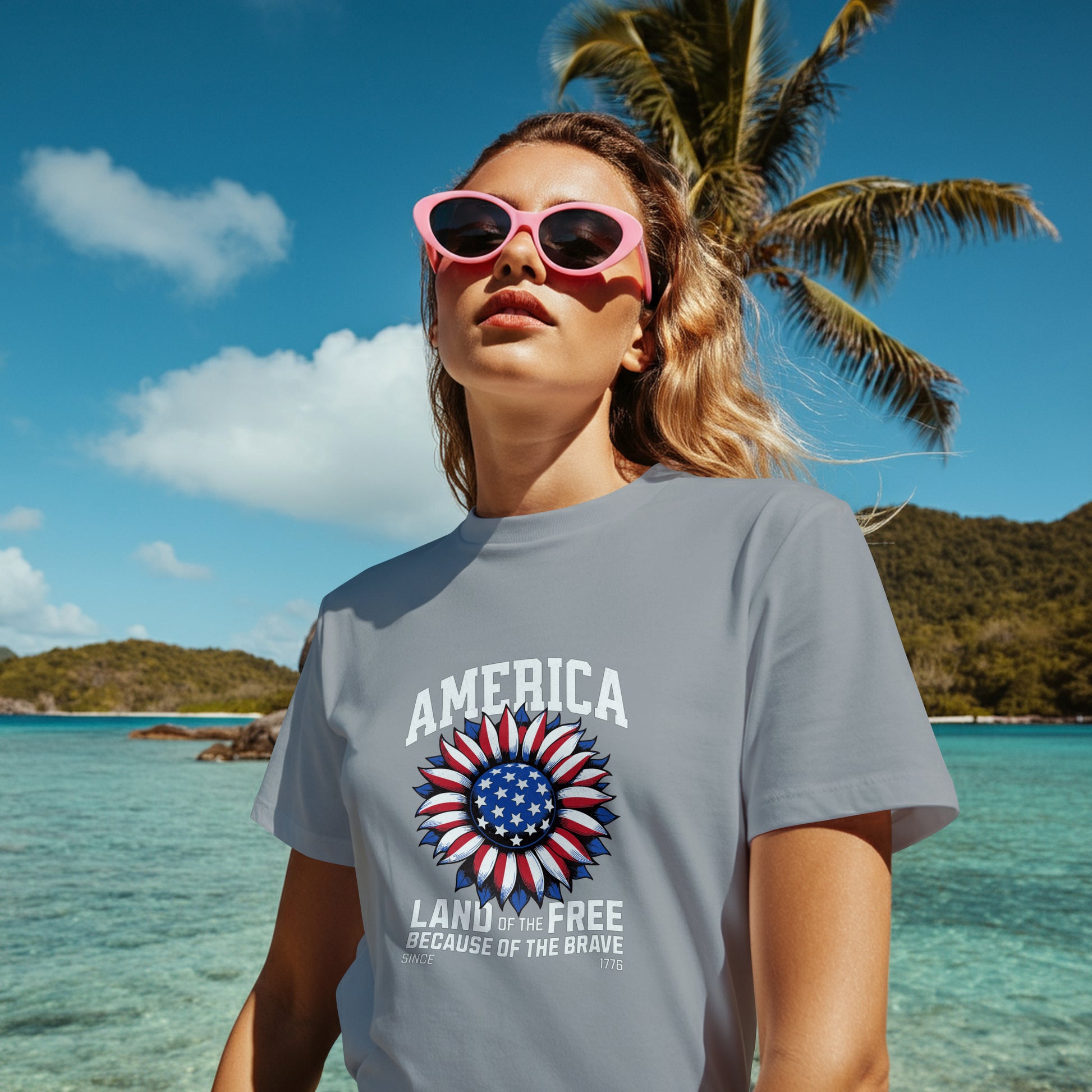 Woman wearing a t-shirt with a patriotic design on a beach