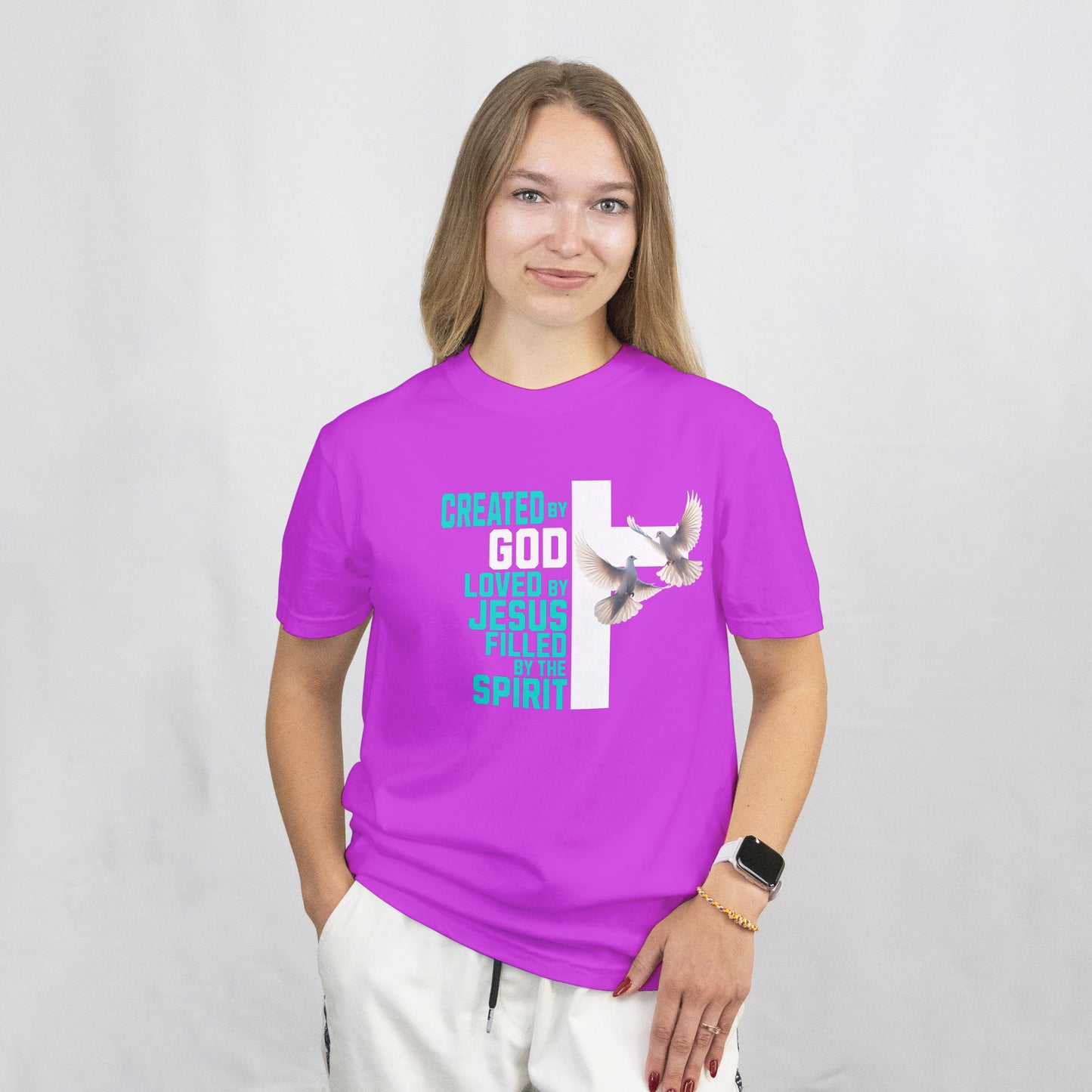 Created By God, Loved By Jesus, Filled By The Spirit Graphic T-Shirt