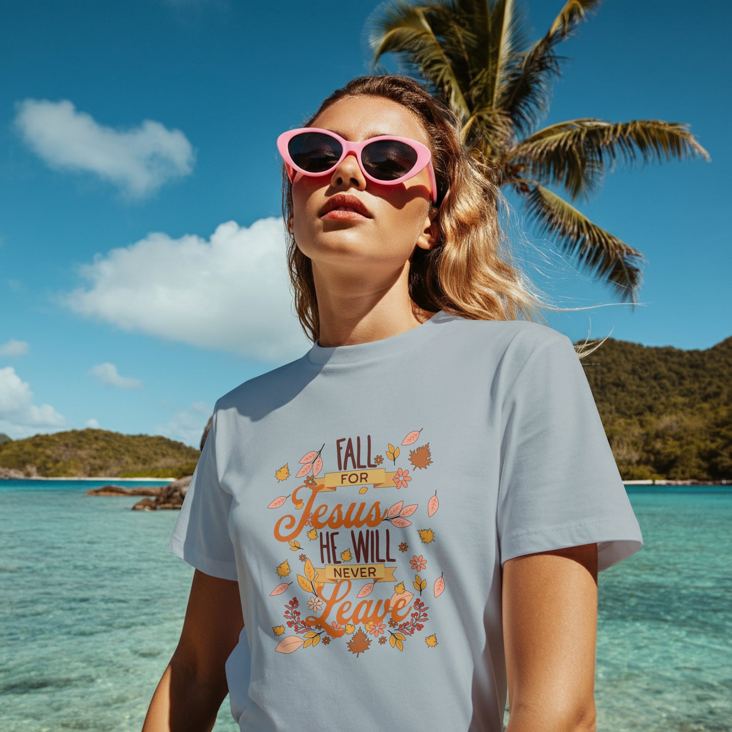 Fall For Jesus, He Never Leaves Graphic Fall T-Shirt