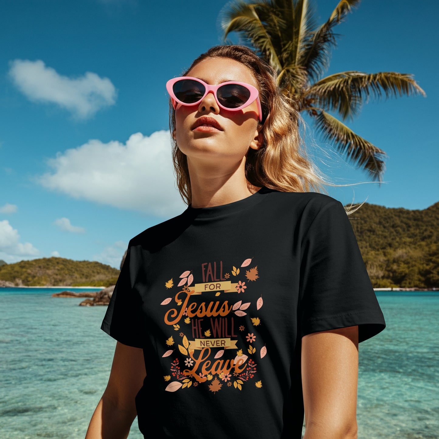 Fall For Jesus, He Never Leaves Graphic Fall T-Shirt