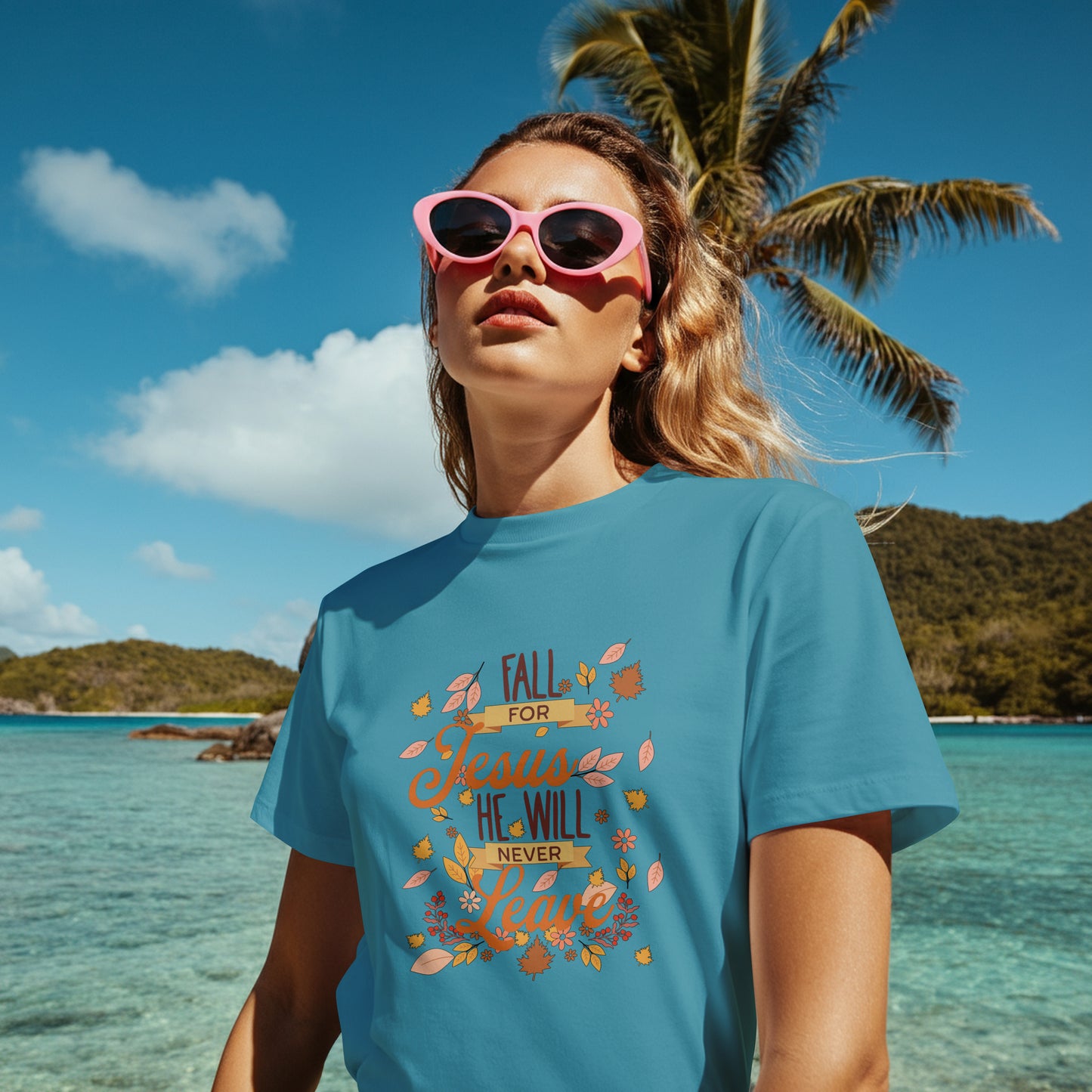 Fall For Jesus, He Never Leaves Graphic Fall T-Shirt