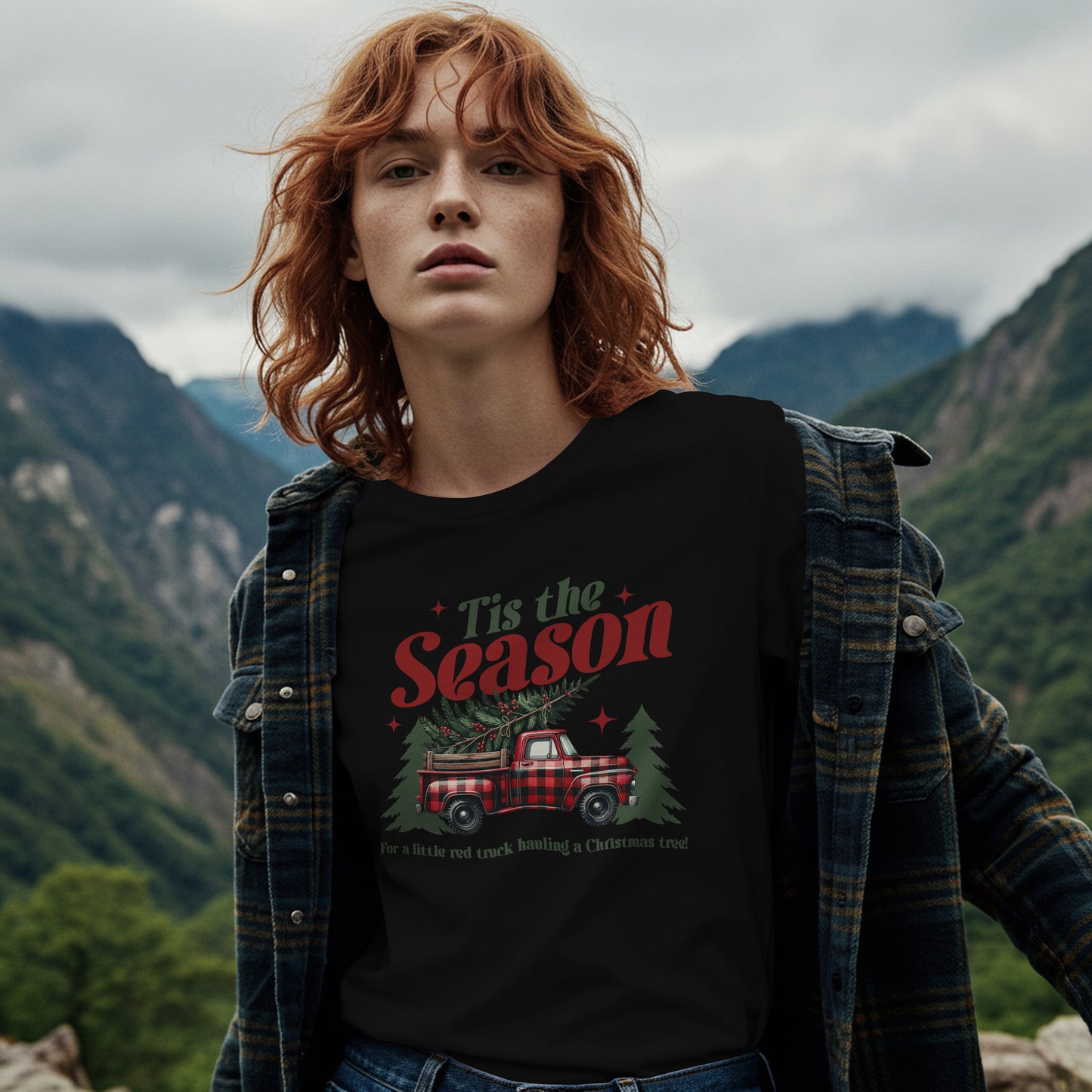 Little Red Truck Hauling A Christmas Tree Graphic T-Shirt