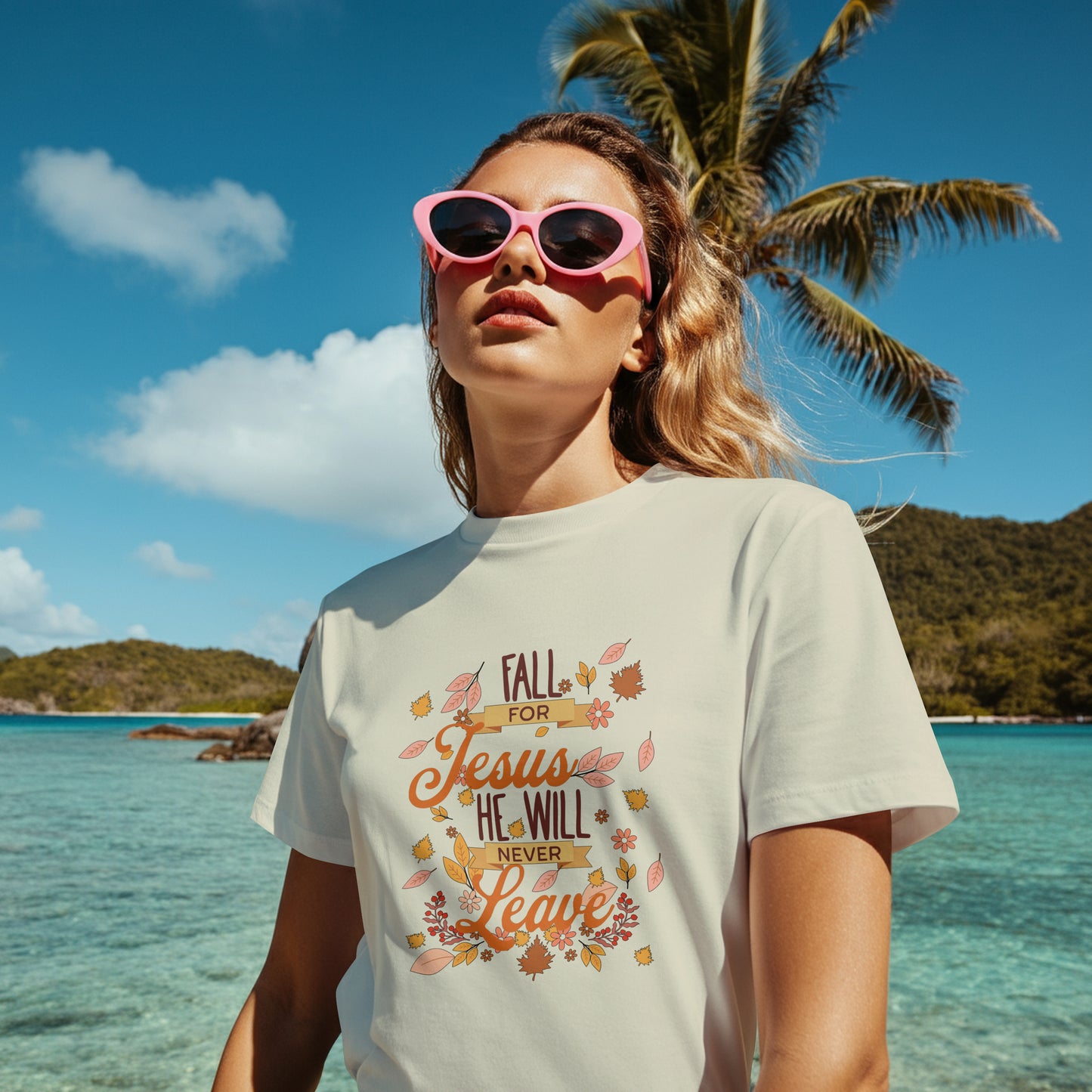 Fall For Jesus, He Never Leaves Graphic Fall T-Shirt