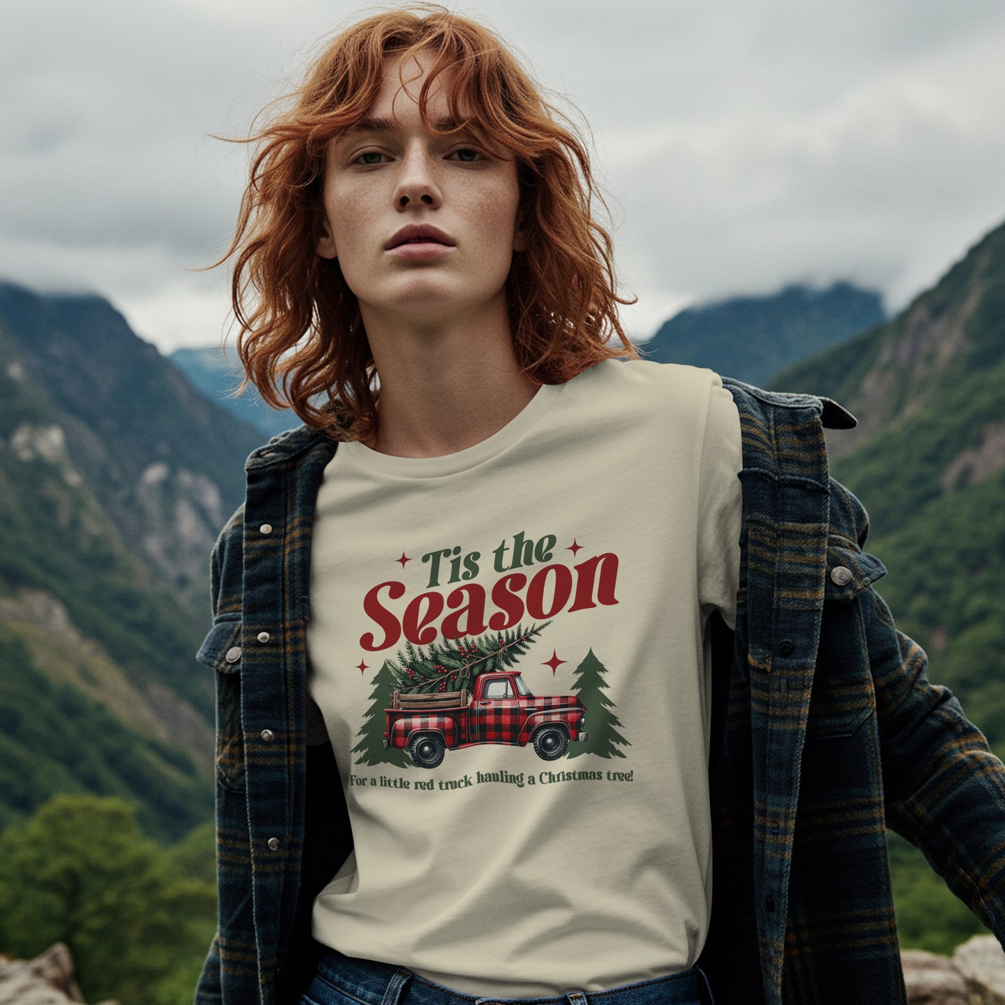 Little Red Truck Hauling A Christmas Tree Graphic T-Shirt